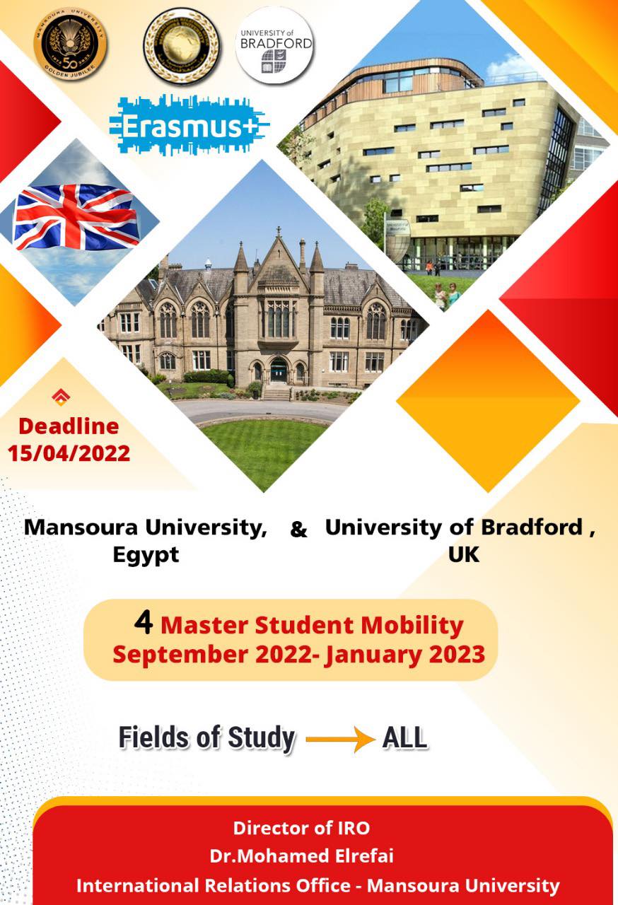  منح خاصة بجامعة المنصورة لسفر طلاب الماجستير بالجامعة لقضاء فصل دراسي (٤ شهور) بجامعة Bradford بانجلترا 