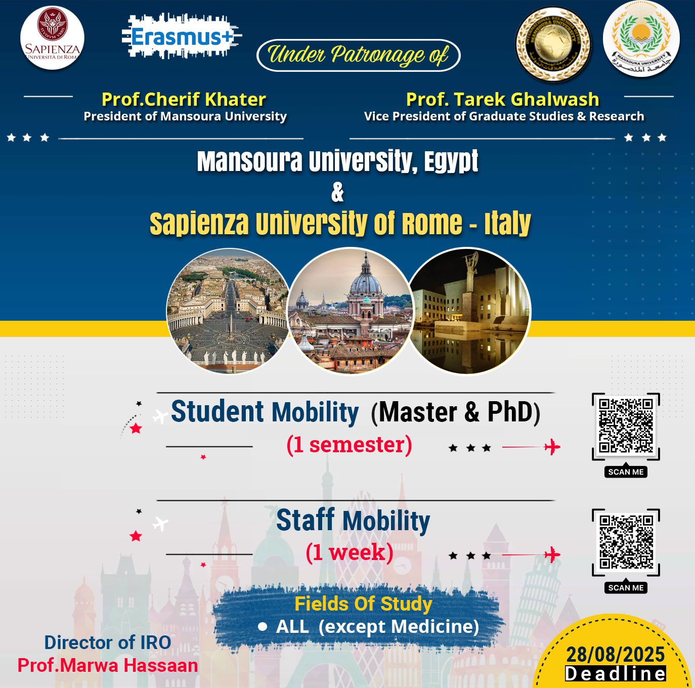 منحة خاصة بجامعة المنصورة ممولة بالكامل لجامعة Sapienza University of Rome بدولة ايطاليا
