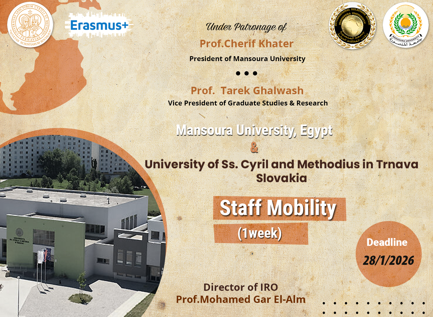 منحة خاصة بجامعة المنصورة لسفر السادة أعضاء هيئة التدريس بالجامعة لقضاء أسبوع بجامعة  University of st. cyril and methodius in trnava  